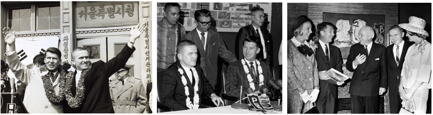 Left: Schirra, left, and Borman wave to crowds in Taipei, Taiwan, during their post-mission goodwill tour.  Middle: Borman, left, and Schirra in Manilla. Right: Australian Prime Minister Harold E. Holt, center, hosts Jo and Wally Schirra, left, and Frank and Susan Borman at his home in Melbourne, Australia. Credits: NASA