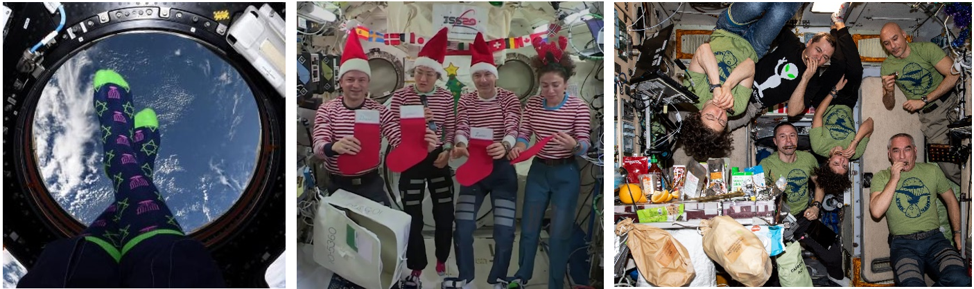 Three scenes from the 2019 holiday season aboard the ISS. Left: Expedition 61 flight engineer Jessica U. Meir shows off her Hanukkah-themed socks in the Cupola. Middle: Expedition 61 crew members Andrew R. Morgan, left, Christina H. Koch, Luca S. Parmitano, and Meir share their Christmas messages. Right:  Expedition 61 crew members Koch, left, Morgan, Oleg I. Skripochka, Meir, Aleksandr A. Skvortsov, and Parmitano ring in the New Year with harmonicas. Credits: NASA