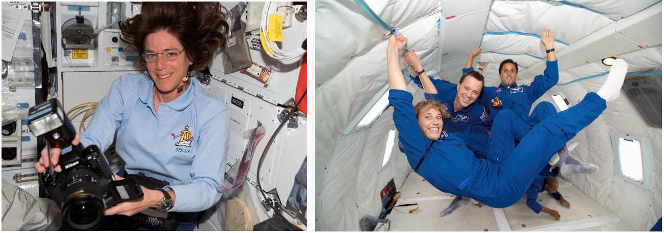 Left: Mission Specialist Barbara R. Morgan during the STS-118 mission. Right: Educator astronauts Dorothy Metcalf-Lindenburger, left, Richard R. Arnold, and Joseph M. Acaba during weightlessness training. Credits: NASA