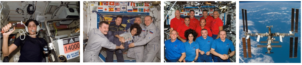 Far left: NASA astronaut Sunita L. Williams participates in the Boston Marathon. Middle left: Williams during the handover between Expedition 14 and 15. Middle right: Williams with her Expedition 15 crewmates and the STS-117 crew that she was about to join. Far right: The space station from the departing STS-117 mission shows the significant reconfiguration that occurred during her stay. Credits: NASA