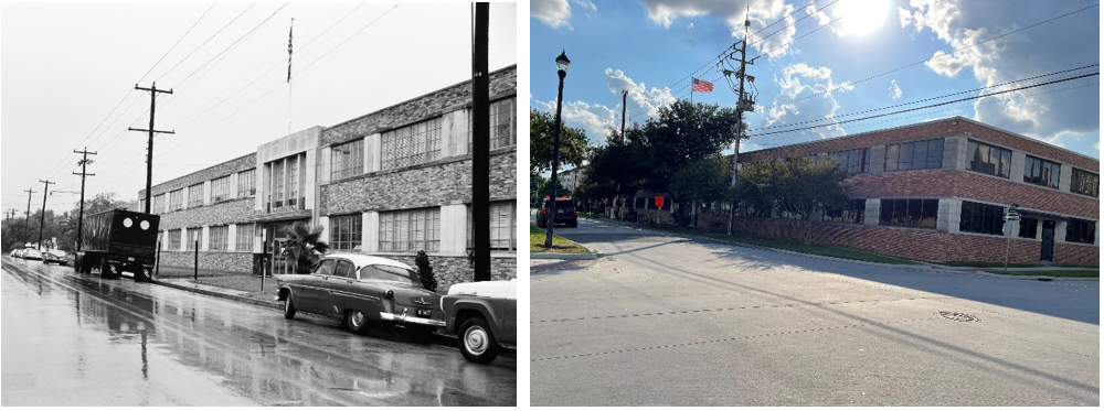 Left: The Manned Spacecraft Center’s Site 14, the Veterans Administration Building at 2320 LaBranch, housed the Gemini Spacecraft Project Office and later the Reliability and Flight Safety Office. Right: Today, it is a federal building housing a child development center and the Federal Railroad Administration.