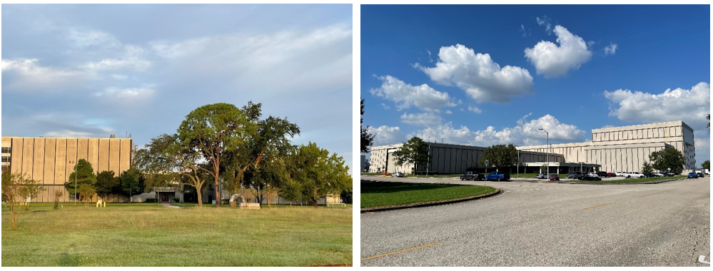 Left: Exterior view of Building 5 in October 2021. Right: Exterior view of Building 9 in October 2021. Credits: NASA