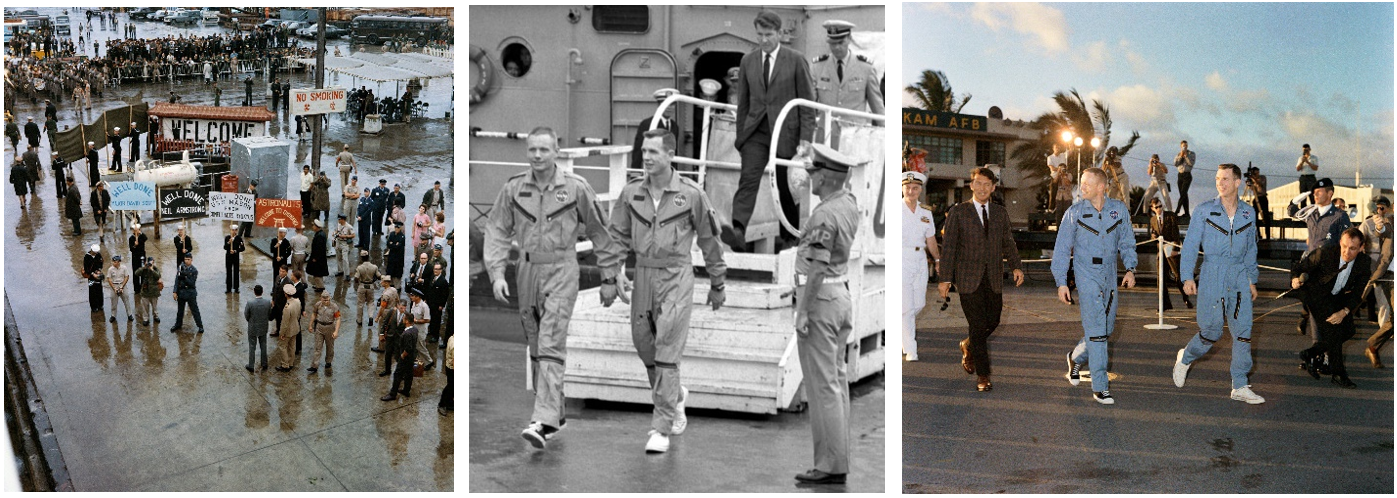 Left: Gemini VI astronaut Schirra, at center, awaits Gemini VIII astronauts Neil A. Armstrong and David R. Scott at port in Okinawa, Japan. Middle: Schirra, in suit, escorts Armstrong, left, and Scott off the recovery ship USS Leonard F. Mason in Okinawa. Right: Schirra, left, escorts Armstrong and Scott at Hickam Air Force Base in Honolulu. Credits: NASA