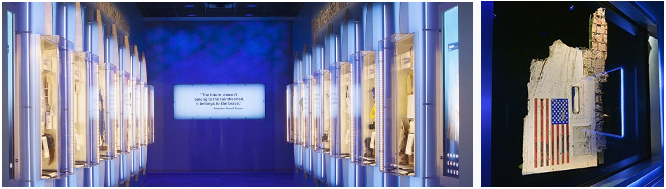 Left: Overview of the “Forever Remembered” exhibit at Kennedy’s Visitor Complex. Right: A section of the fuselage recovered from space shuttle Challenger. Credits: NASA