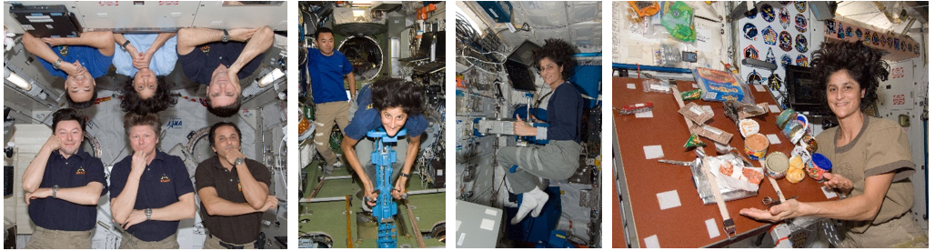 Far left: NASA astronaut Sunita L. Williams, top row, middle, with her pensive Expedition 32 crewmates. Middle left and middle right: Williams demonstrates two ways to weigh yourself in space, using the Russian massmeter and NASA’s mass measurement device. Far right: “Dinner is served,” by “chef” Williams. Credits: NASA