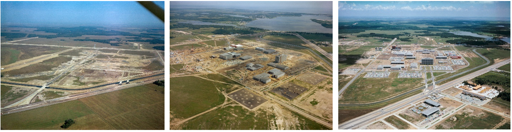 Aerial views of the Manned Spacecraft Center in Houston, now NASA’s Johnson Space Center, under construction in December 1962, September 1963, and June 1964. Credits: NASA