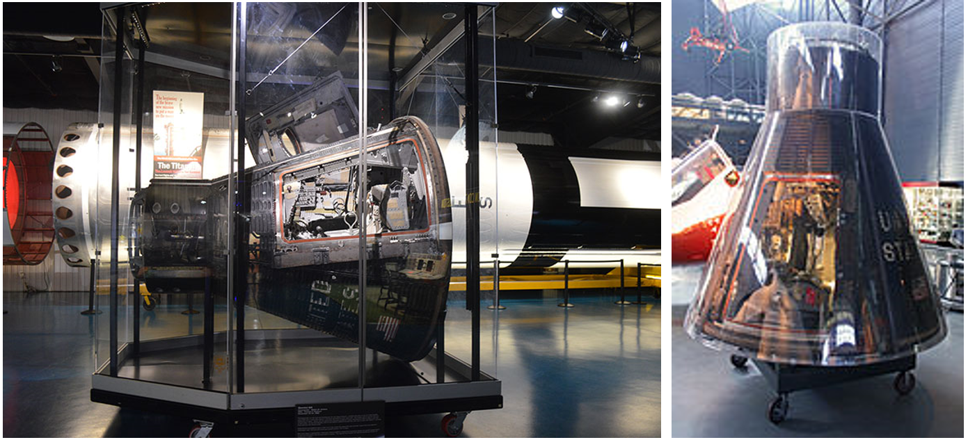 Left: The Gemini VI capsule on display at the Stafford Air and Space Museum in Weatherford, Oklahoma, with a model of a Titan rocket in the background. Credit: Stafford Air and Space Museum. Right: Gemini VII capsule on display at the National Air and Space Museum’s Steven F. Udvar-Hazy Center in Chantilly, Virginia. Credits: National Air and Space Museum.