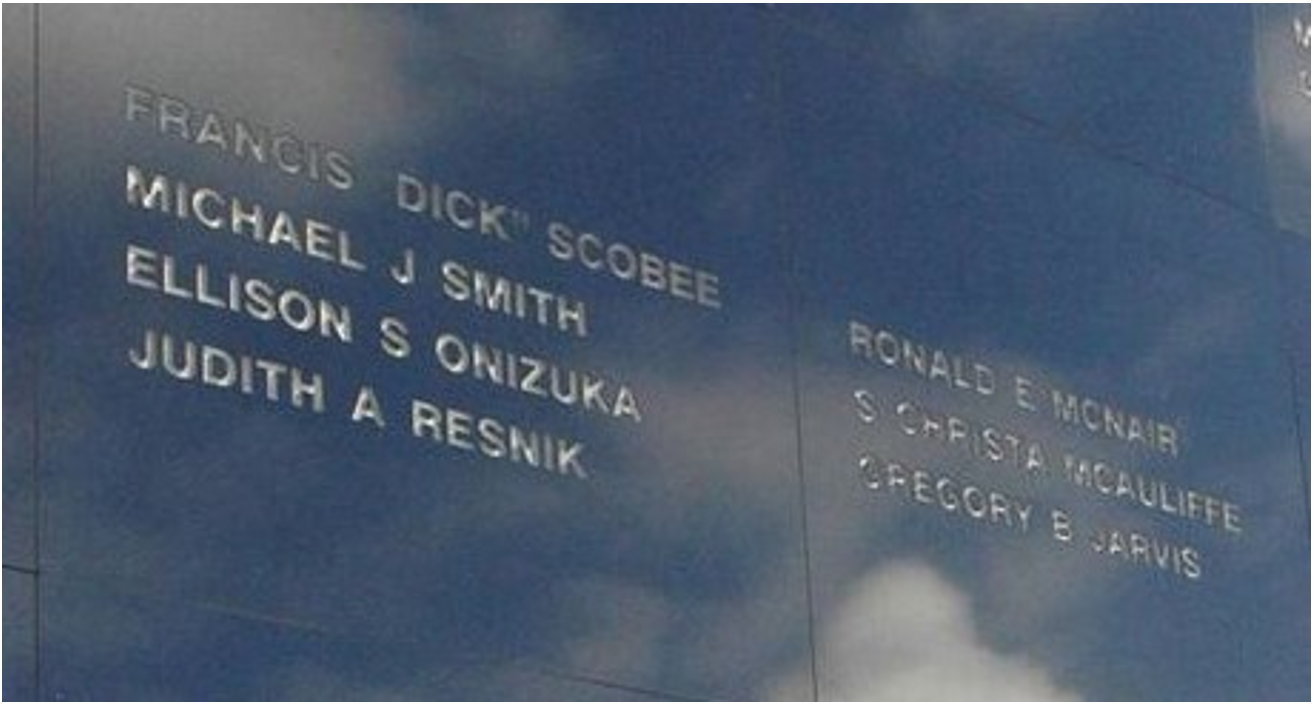 The names of the seven astronauts lost in the Challenger accident, engraved on the Space Mirror Memorial at the Kennedy Visitor Complex. Credits: NASA