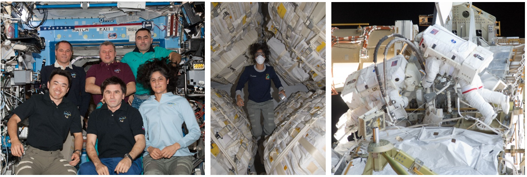 Left: NASA astronaut Sunita L. Williams, front row, right, with her Expedition 33 crewmates. Middle: A masked and goggled Williams in the newly arrived Japanese HTV-3 cargo resupply vehicle. Right: Williams, right, and Hoshide during their third spacewalk. Credits: NASA