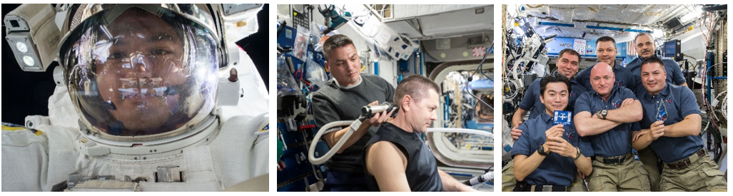 Left: NASA astronaut Kjell N. Lindgren takes a selfie during his second spacewalk. Middle: “And for this I went to medical school and trained to be an astronaut.” Lindgren gives Russian cosmonaut Oleg D. Kononenko a haircut. Right: Lindgren and his Expedition 45 crewmates commemorate the 15th anniversary of permanent occupancy aboard the space station. Credits: NASA