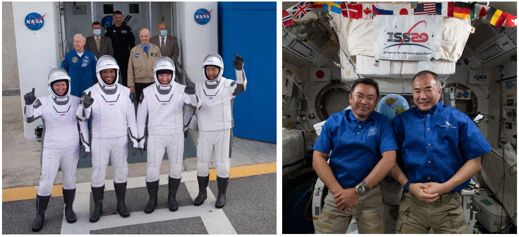 Left: Crew-1 NASA astronauts Shannon Walker, left, Victor J. Glover, Michael S. Hopkins, and JAXA astronaut Soichi Noguchi leave crew quarters on their way to the launch pad. Right: JAXA astronauts Akihiko Hoshide, left, and Noguchi aboard the space station. Credits: NASA