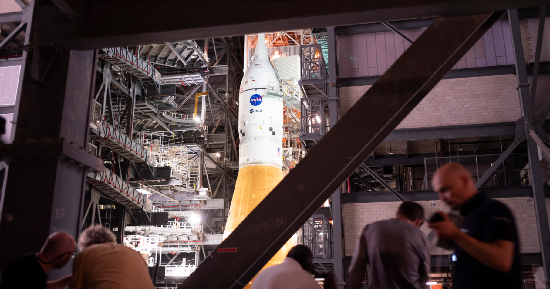 NASA’s Space Launch System rocket with the Orion spacecraft aboard is seen atop a mobile launcher in High Bay 3 of the Vehicle Assembly Building. Credits: NASA/Joel Kowsky