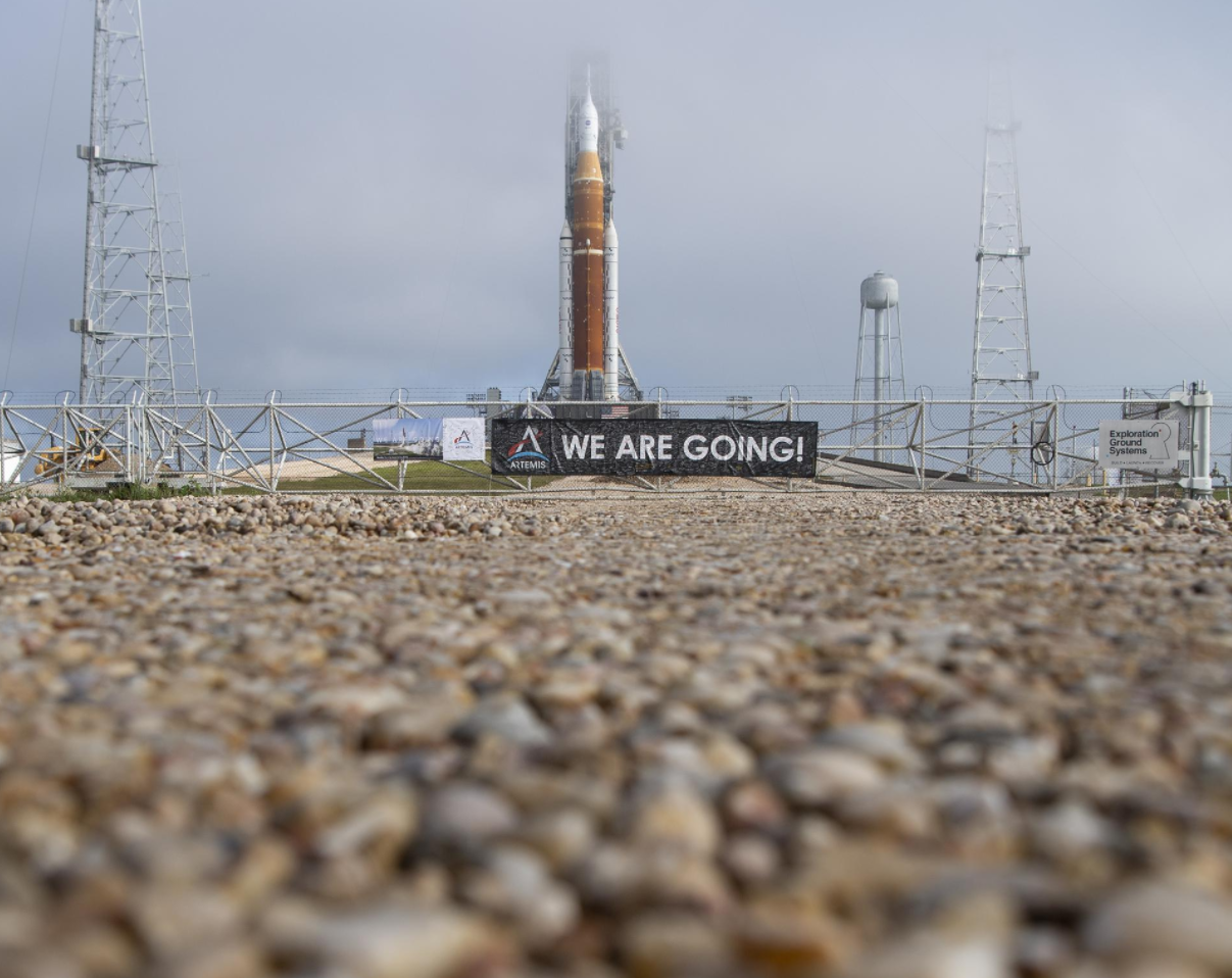 NASA’s Space Launch System rocket with the Orion spacecraft aboard is seen atop a mobile launcher at Launch Complex 39B on Friday, March 18, 2022, after being rolled out to the launch pad for the first time at NASA’s Kennedy Space Center in Florida. Credits: NASA/Joel Kowsky