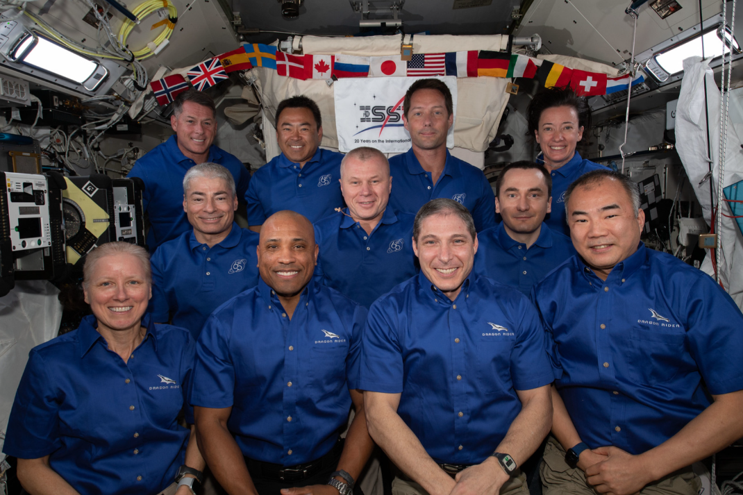 In the back row (from left) are SpaceX Crew-2 astronauts Shane Kimbrough of NASA, Akihiko Hoshide of the Japan Aerospace Exploration Agency (JAXA), Thomas Pesquet of ESA (European Space Agency), and Megan McArthur from NASA. In the center are NASA astronaut Mark Vande Hei and Roscosmos cosmonauts Oleg Novitskiy and Pyotr Dubrov, who rode the Soyuz MS-18 crew ship to the orbital lab on April 9, 2021. In the front row are the SpaceX Crew-1 astronauts Shannon Walker, Victor Glover, and Michael Hopkins, all from NASA, and Soichi Noguchi from JAXA. Credits: NASA