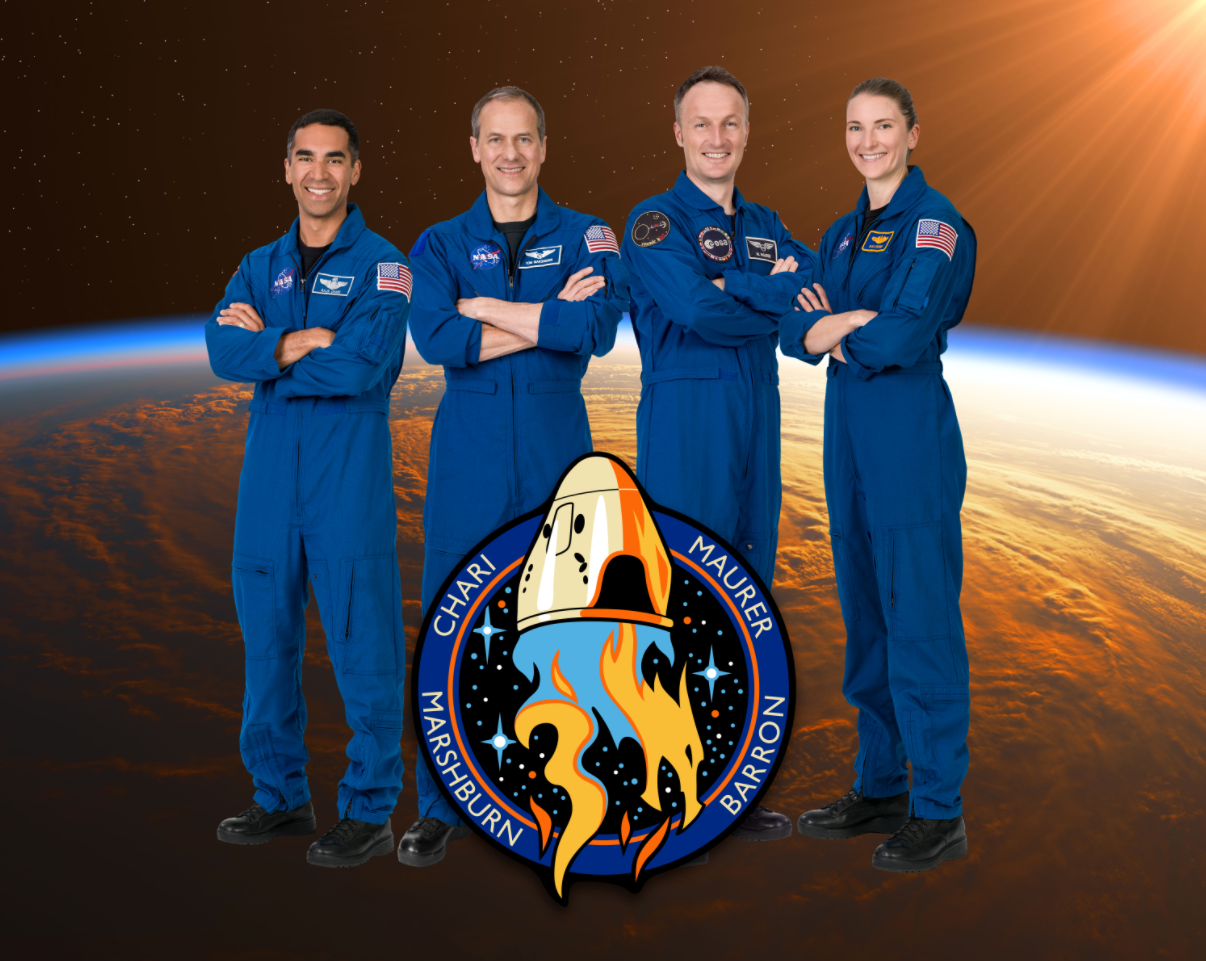 The official crew portrait of the SpaceX Crew-3 mission, with (from left) Commander Raja Chari and Pilot Thomas Mashburn, both NASA astronauts; Mission Specialist Matthias Maurer of ESA (European Space Agency); and Mission Specialist Kayla Barron of NASA. Credits: NASA