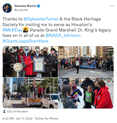 Tweet from JSC Director Vanessa Wyche @v_wyche