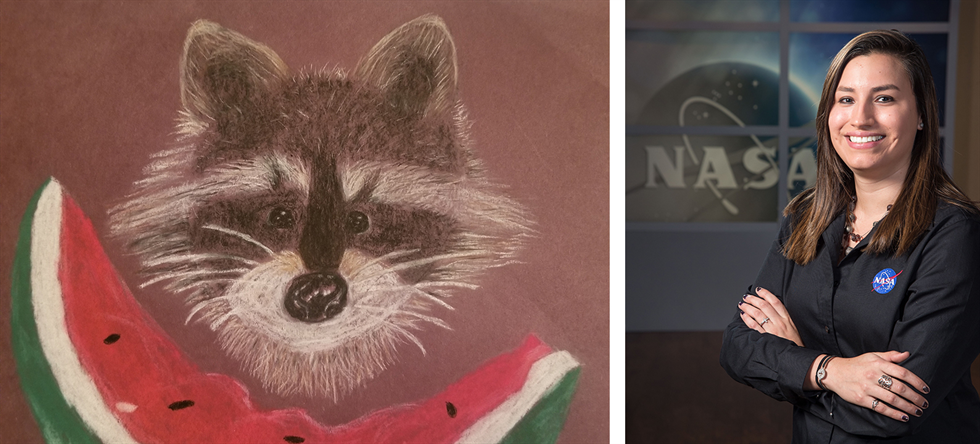 Then and now: Victoria Ugalde’s drawing from grade school (left), and Ugalde today (right).