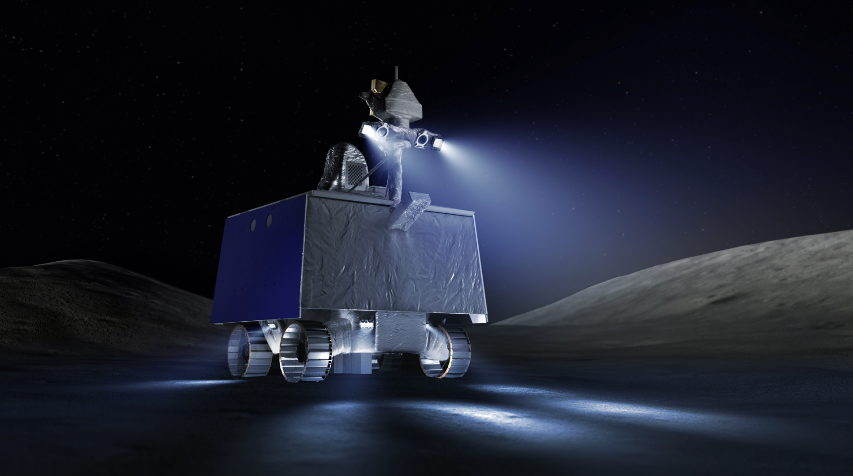Illustration of NASA's Volatiles Investigating Polar Exploration Rover, or VIPER, on the surface of the Moon. Credits: NASA Ames/Daniel Rutter