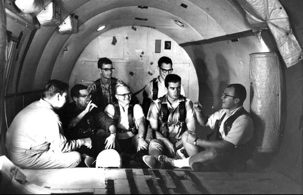 Study participants chat in the zero-g aircraft that flew out of Naval Air Station in Pensacola, Florida.