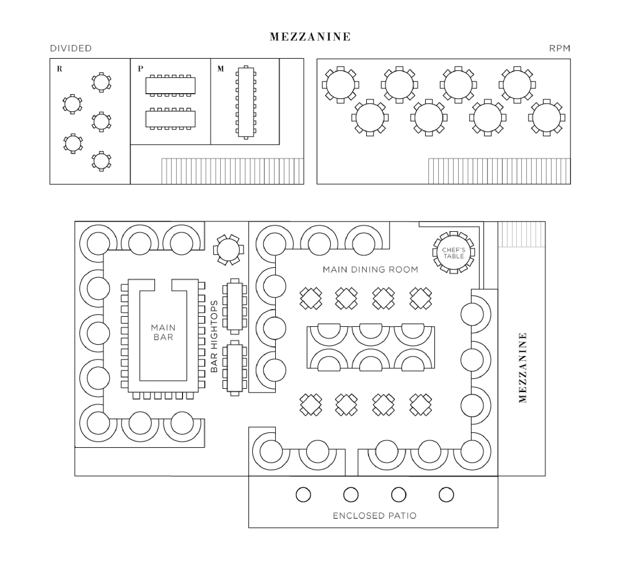 A floor plan of the various private event spaces.