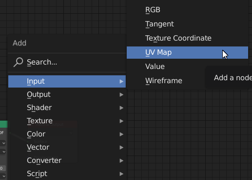 After pressing Shift + A, go to Input, then UV Map.