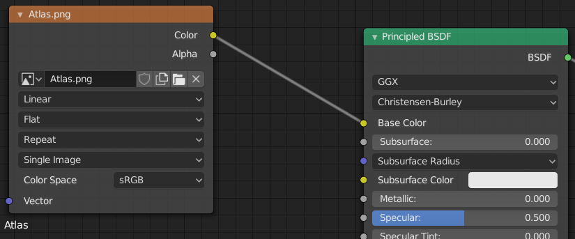 Image Texture node connected to the BSDF node