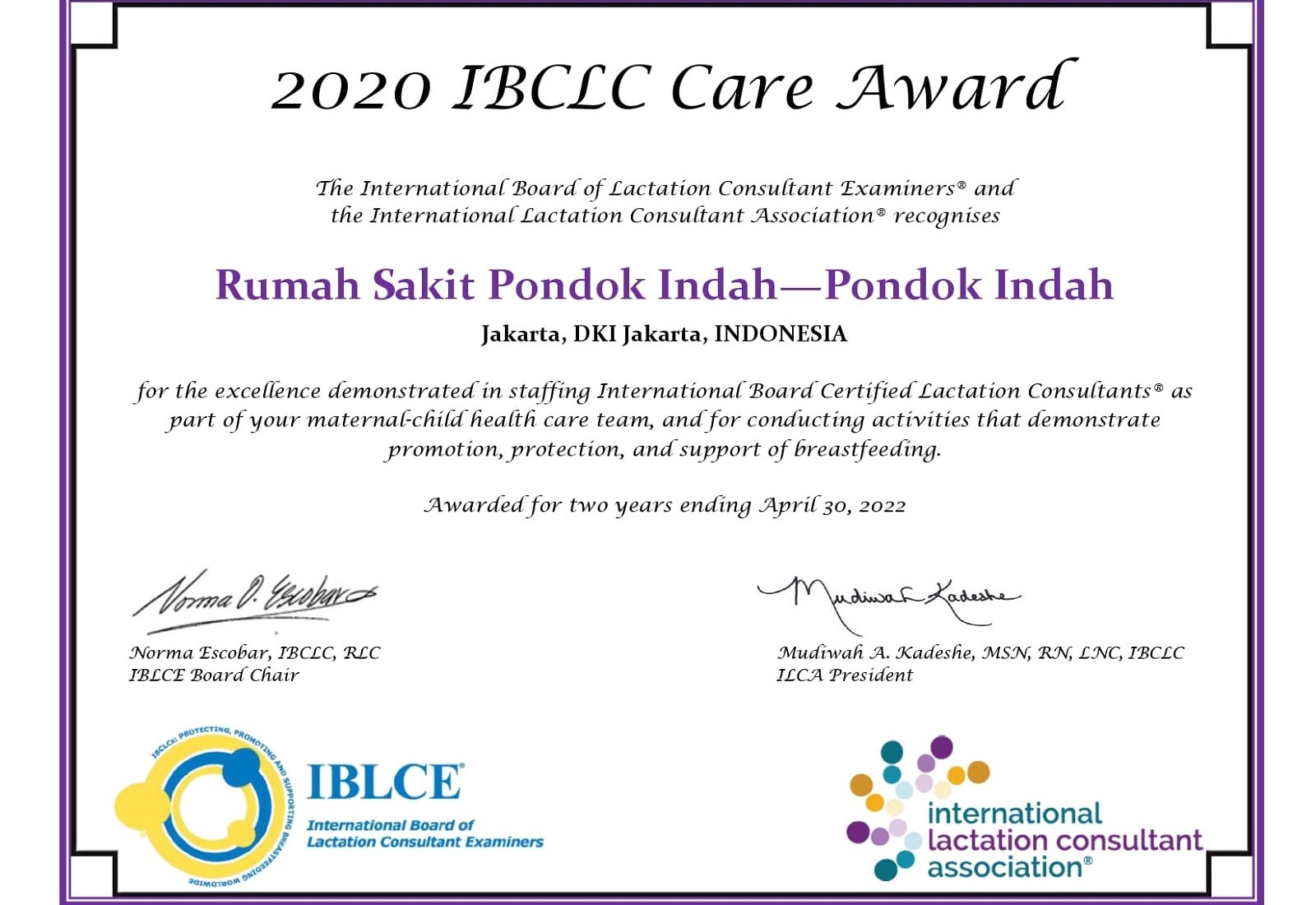 RS Pondok Indah - Pondok Indah Meraih Penghargaan IBCLC Care Award 2020