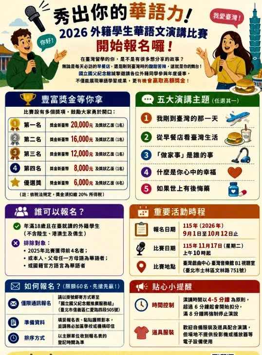 🎤 秀出你的華語力！2026 外籍學生華語文演講比賽開始報名囉！ 🎤