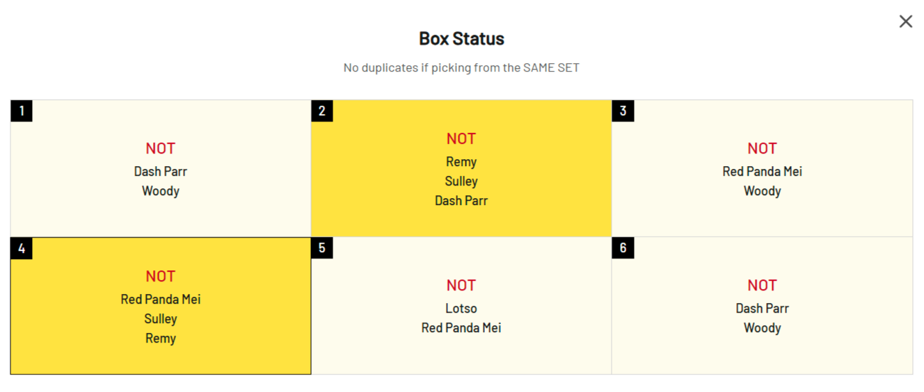    Box Status gathers the clues for all six blind boxes in one place, making it possible to compare the exclusions before choosing.   