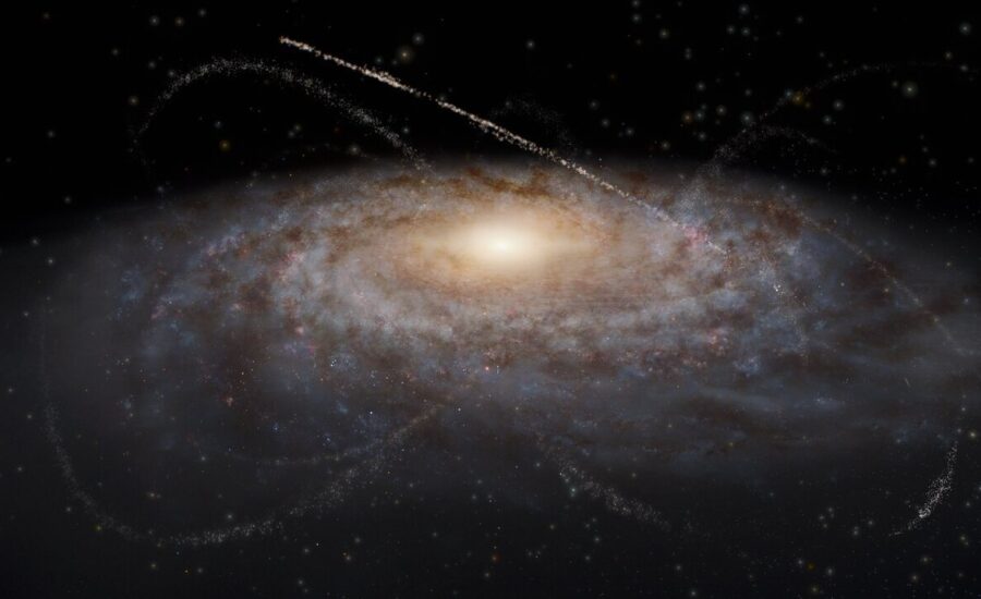 An artist’s impression of streams of stars around a galaxy. The galaxy occupies most of the image as a fuzzy blue-white oval with spiral features extending out clockwise. The light clouds are interspersed with small dark brown splotches in the same spiral pattern around the center, representing dust clouds. The galaxy’s center is a bright yellow glow. Overlaid on top of and surrounding the galaxy are several criss-crossing, faint tendrils of stars that represent satellite dwarf galaxies and star clusters that have been stretched out into long thin lines. The tendrils have various lengths and widths, though all are arcs rather than complete circles. The background is black.