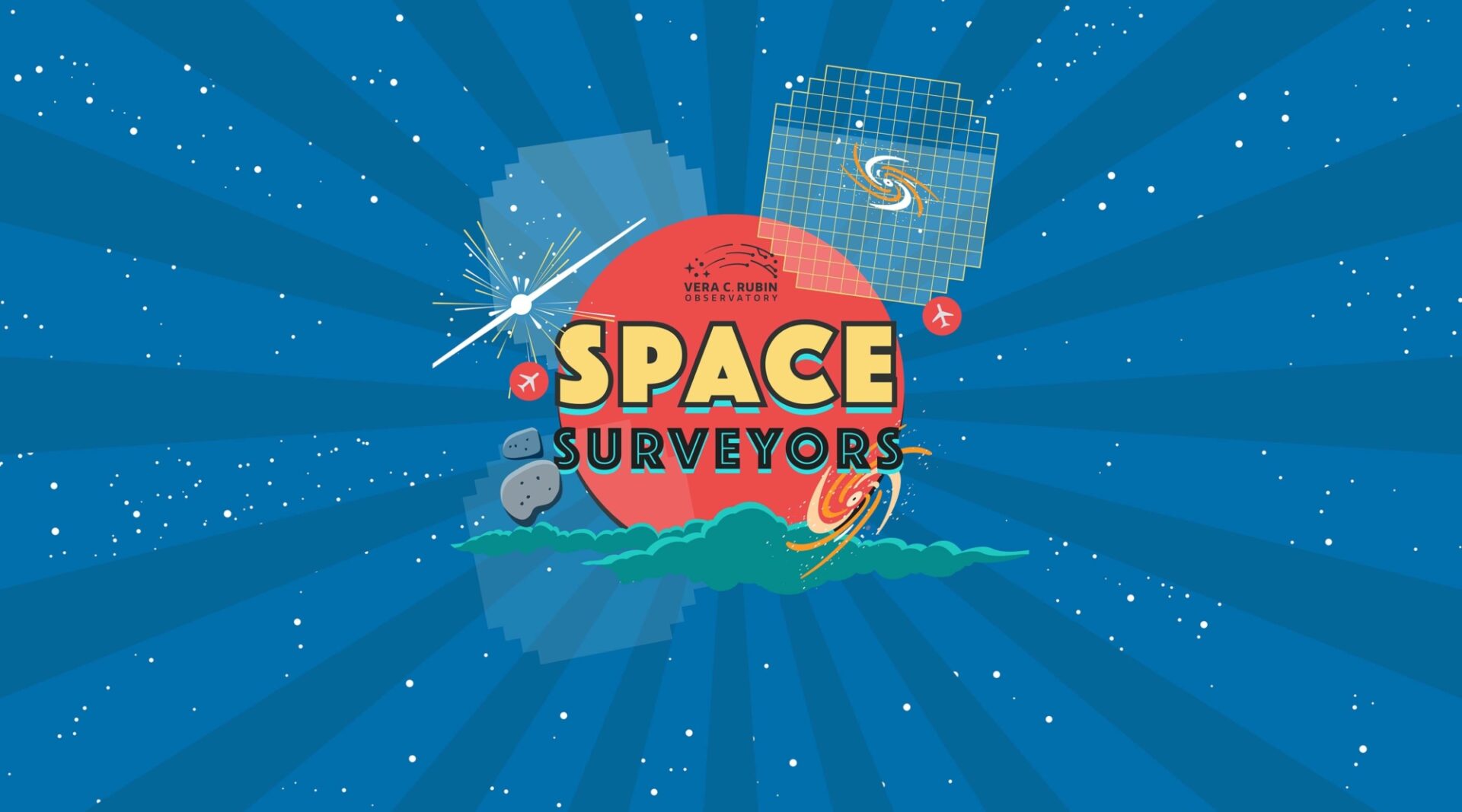 The Space Surveyors logo. A creative illustration with the text "Space Surveyors" in block text on a red circle, surrounded by various illustrated astronomical objects like supernovae, galaxies, asteroids, and even some clouds.