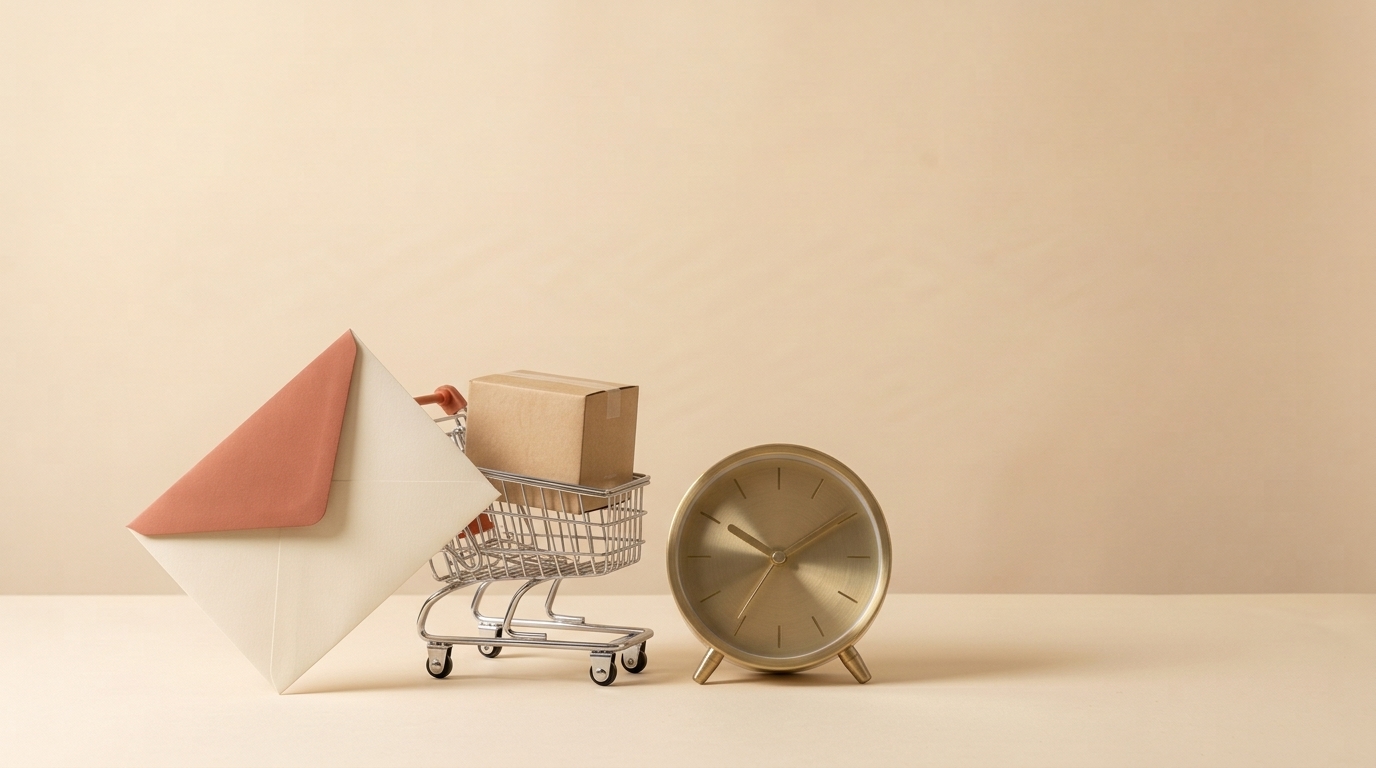 A miniature metal shopping cart holds a kraft parcel beside an ivory envelope and a brass clock on a warm cream tabletop.