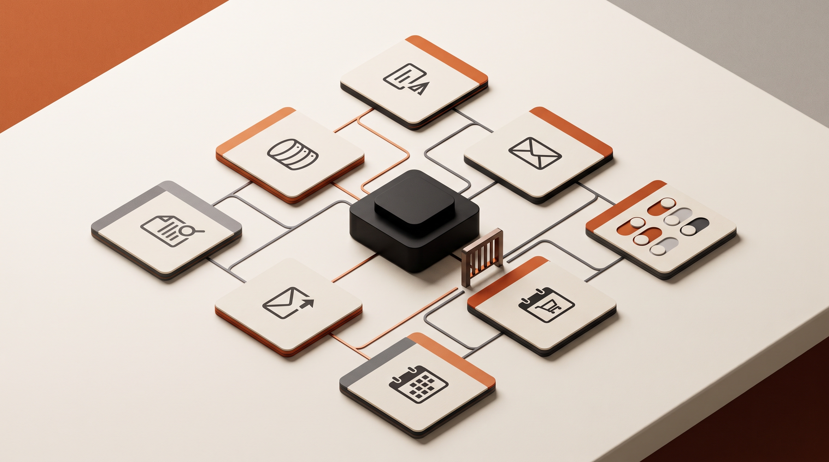A modular AI agent workspace with connected tool cards, permission switches, and a guarded authorization path