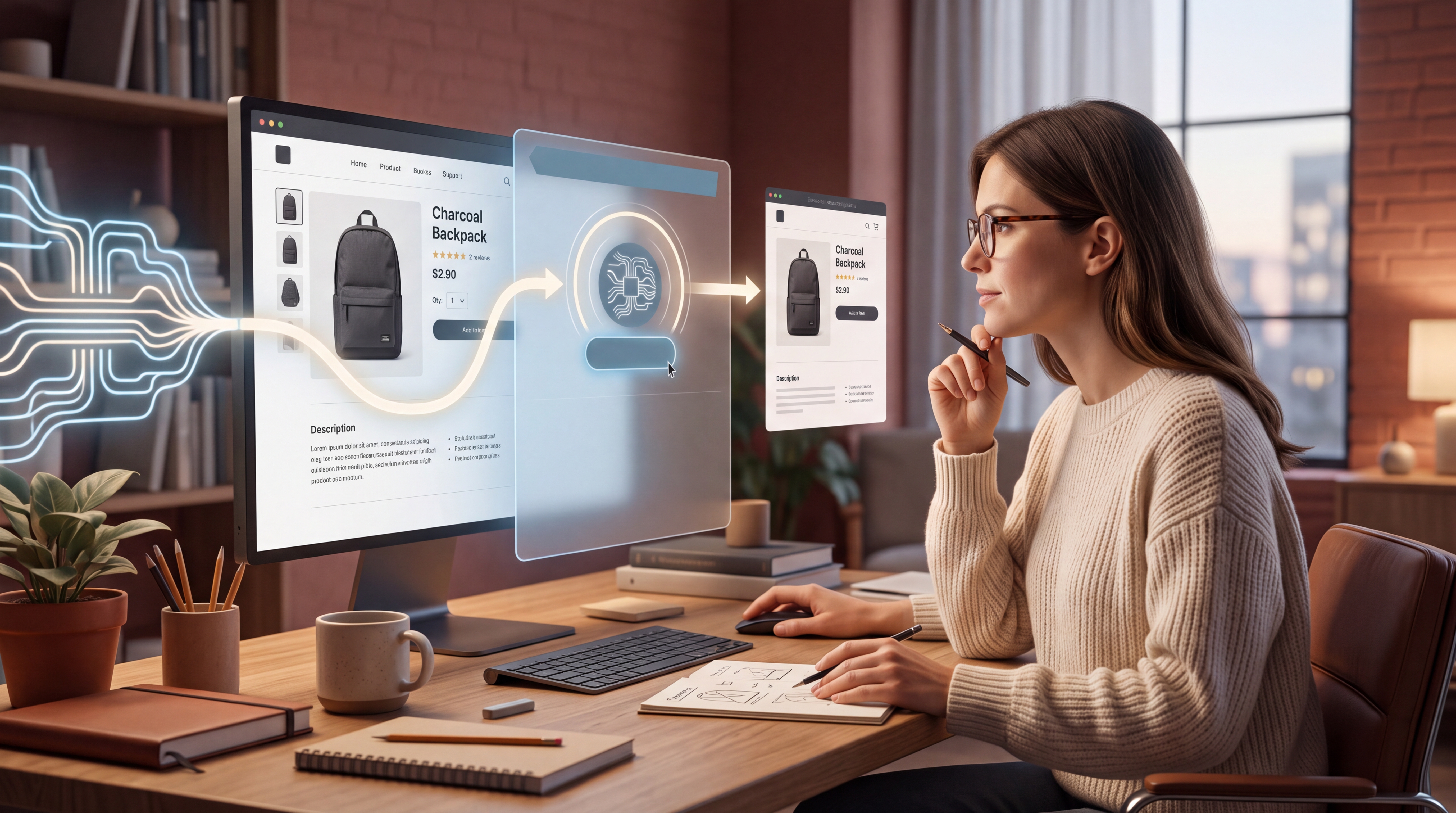 A merchant reviewing an AI-generated storefront at a clearly marked approval checkpoint