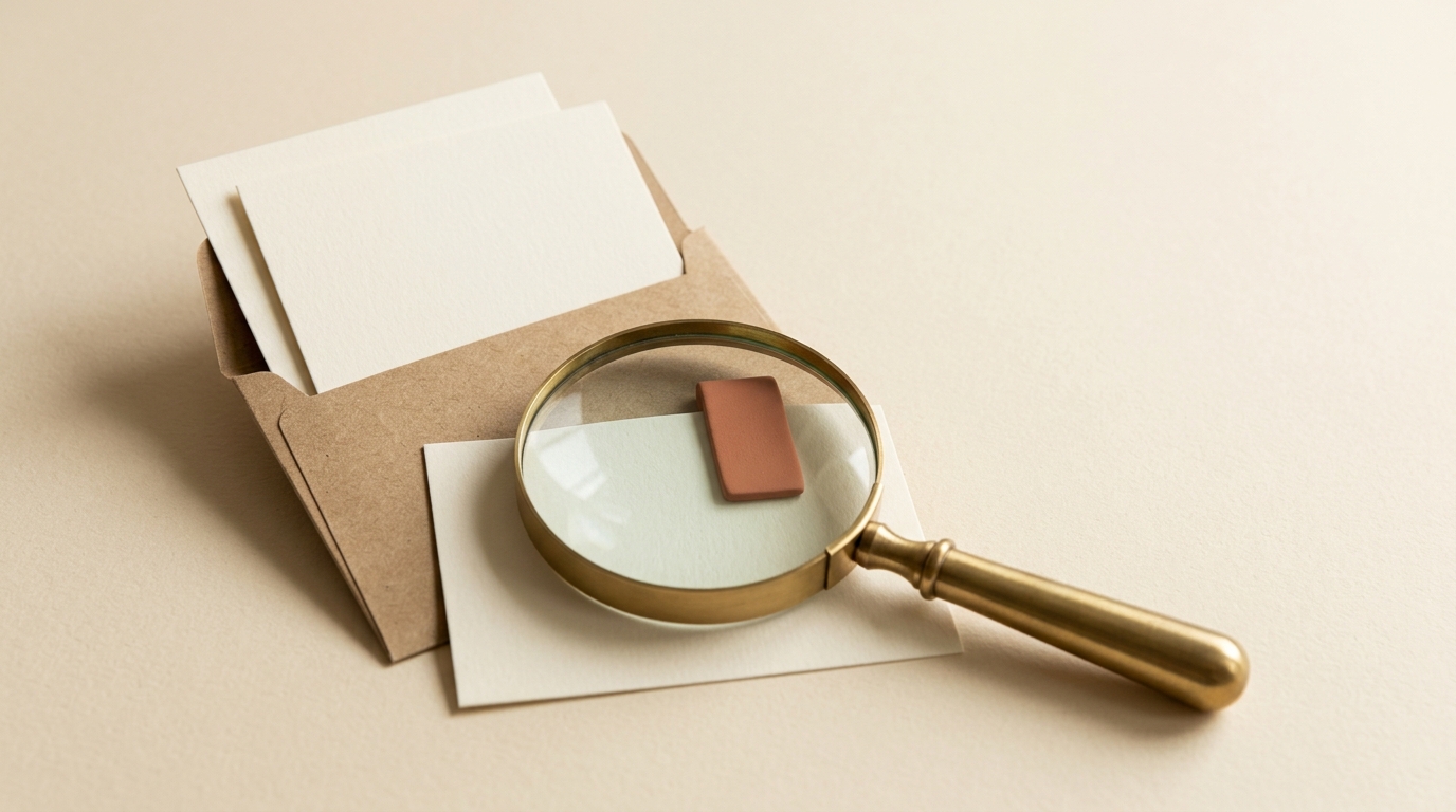 A brass magnifying glass rests over a bookmarked document beside a kraft folder of ivory cards on a warm cream tabletop.