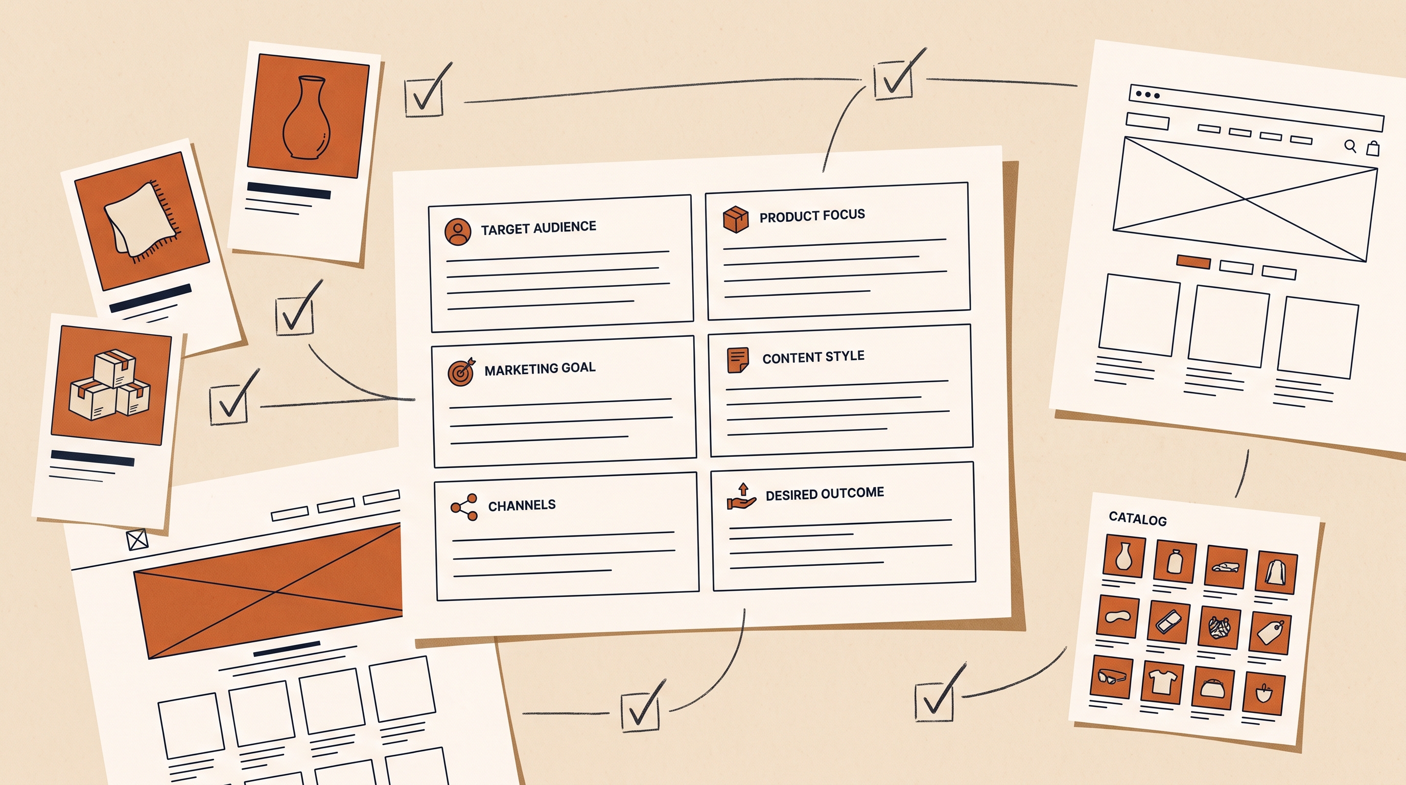 A printed prompt worksheet beside product cards, a storefront wireframe, and review checkmarks on a warm studio desk