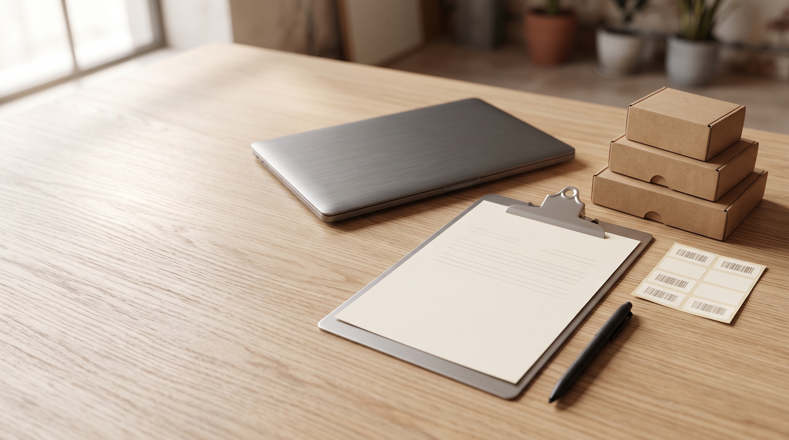 A wholesale planning desk with unmarked sample boxes, a blank clipboard, and a closed laptop