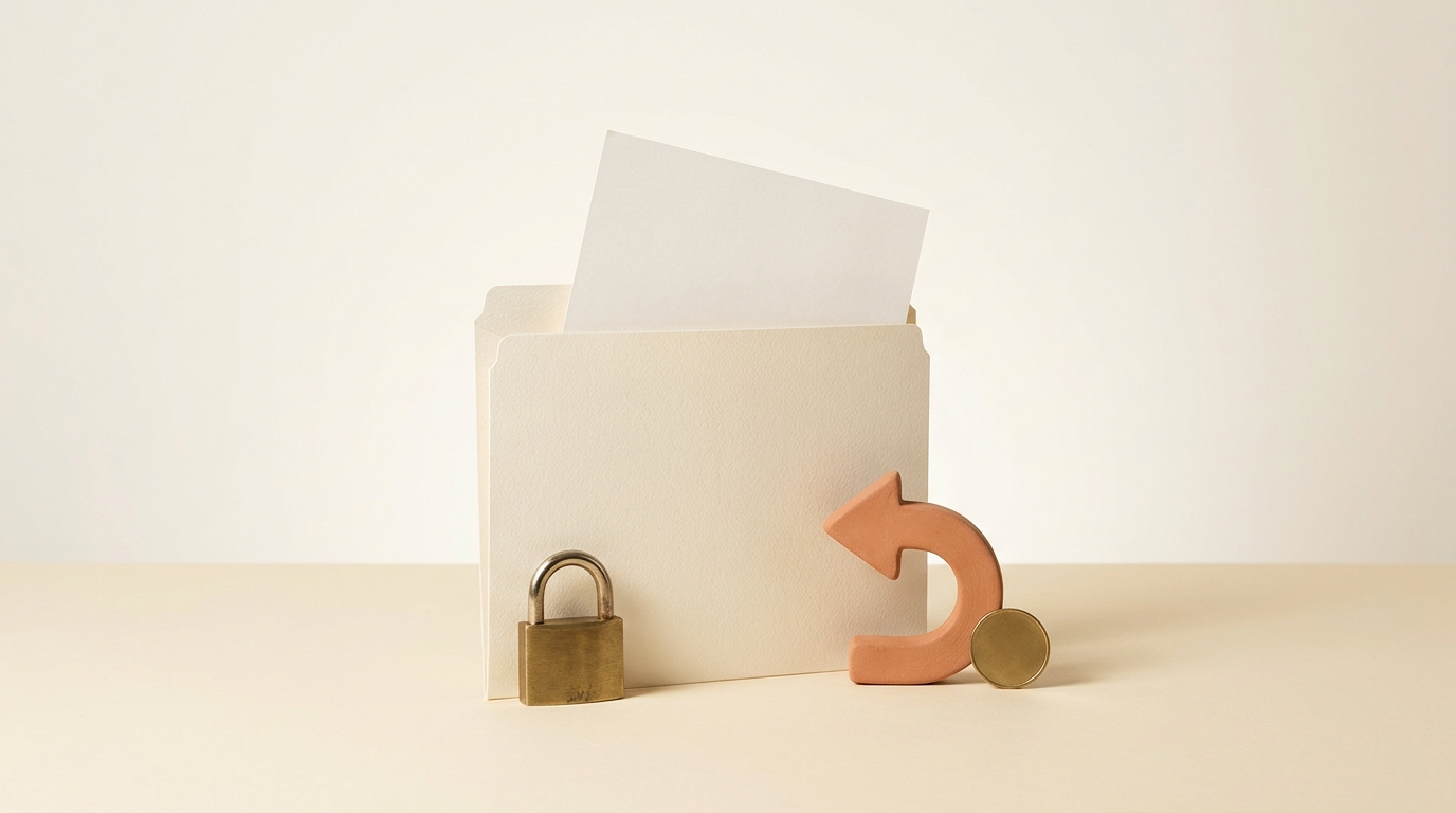 An ivory file folder stands beside a brass padlock, a terracotta return arrow, and a brass coin on a warm cream tabletop.
