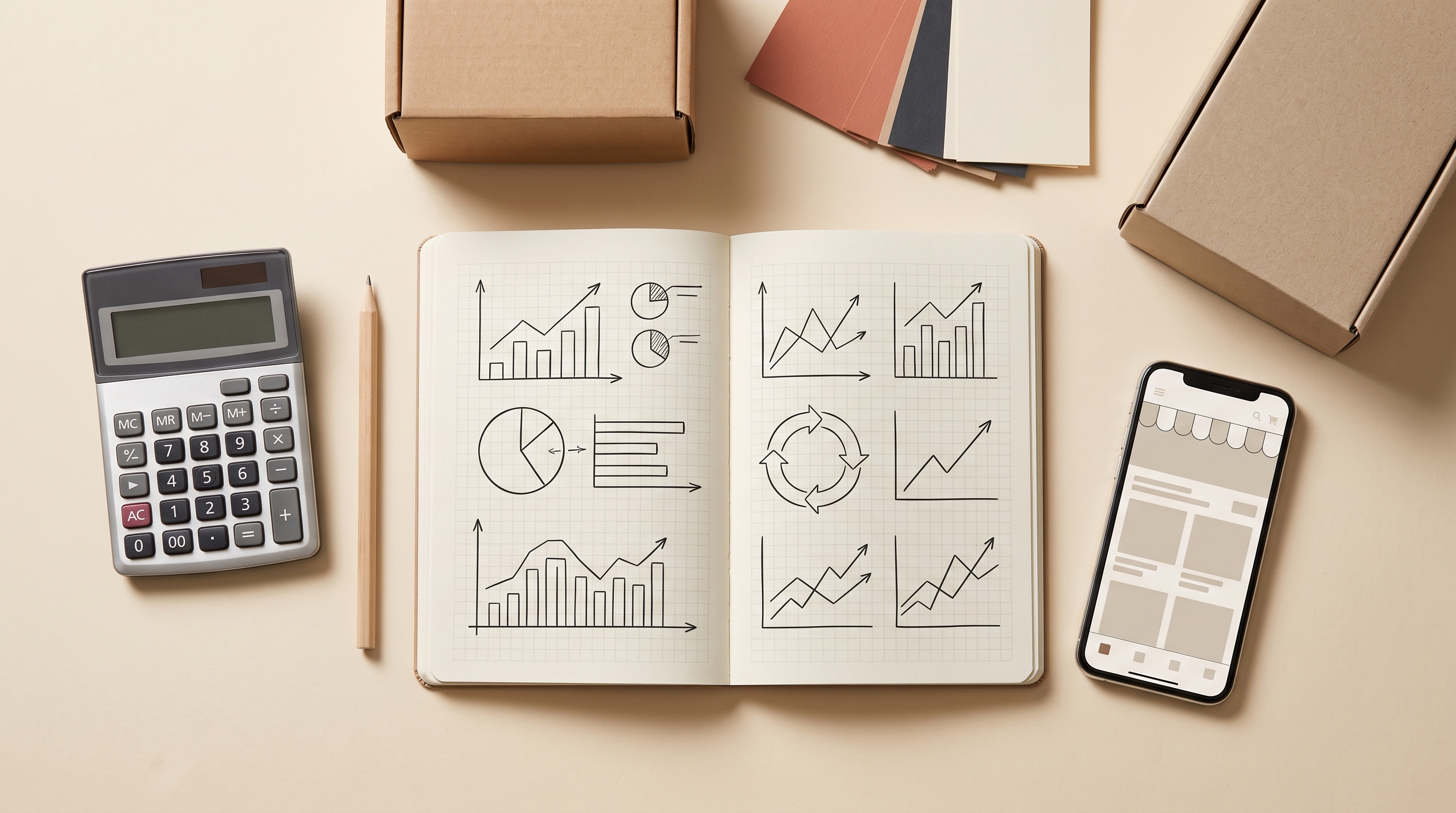 An open planning notebook with hand-drawn charts beside a calculator, shipping boxes, product color swatches, and a phone showing a storefront wireframe