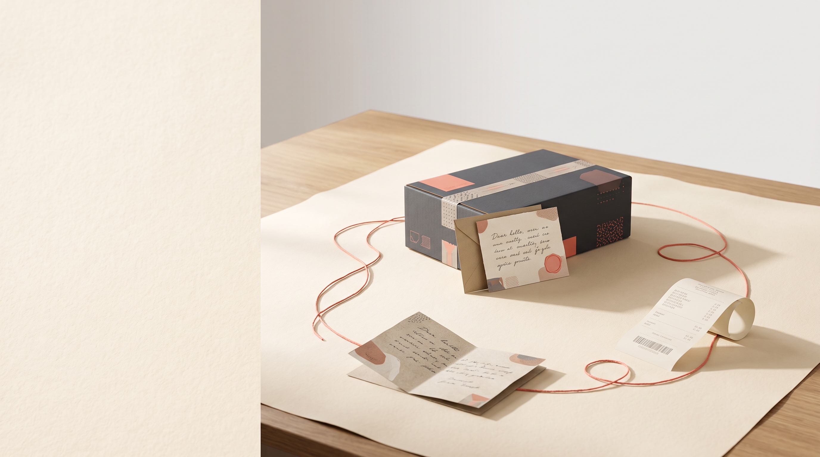 A parcel, thank-you card, customer note, and repeat-order receipt arranged in a circular retention loop on a warm editorial desk.
