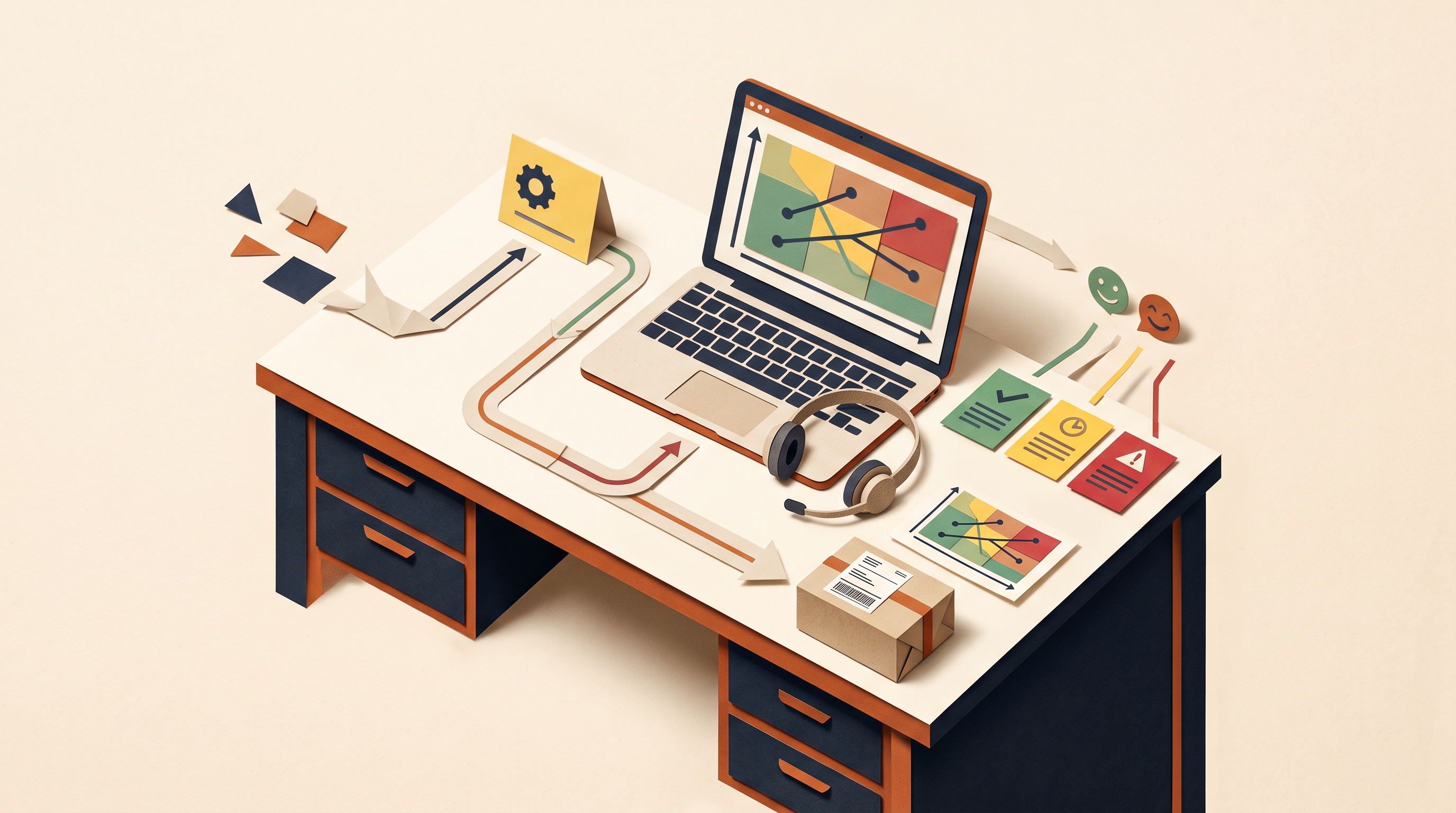 A compact customer support operations desk with an inbox, order cards, escalation notes, and a small performance scorecard