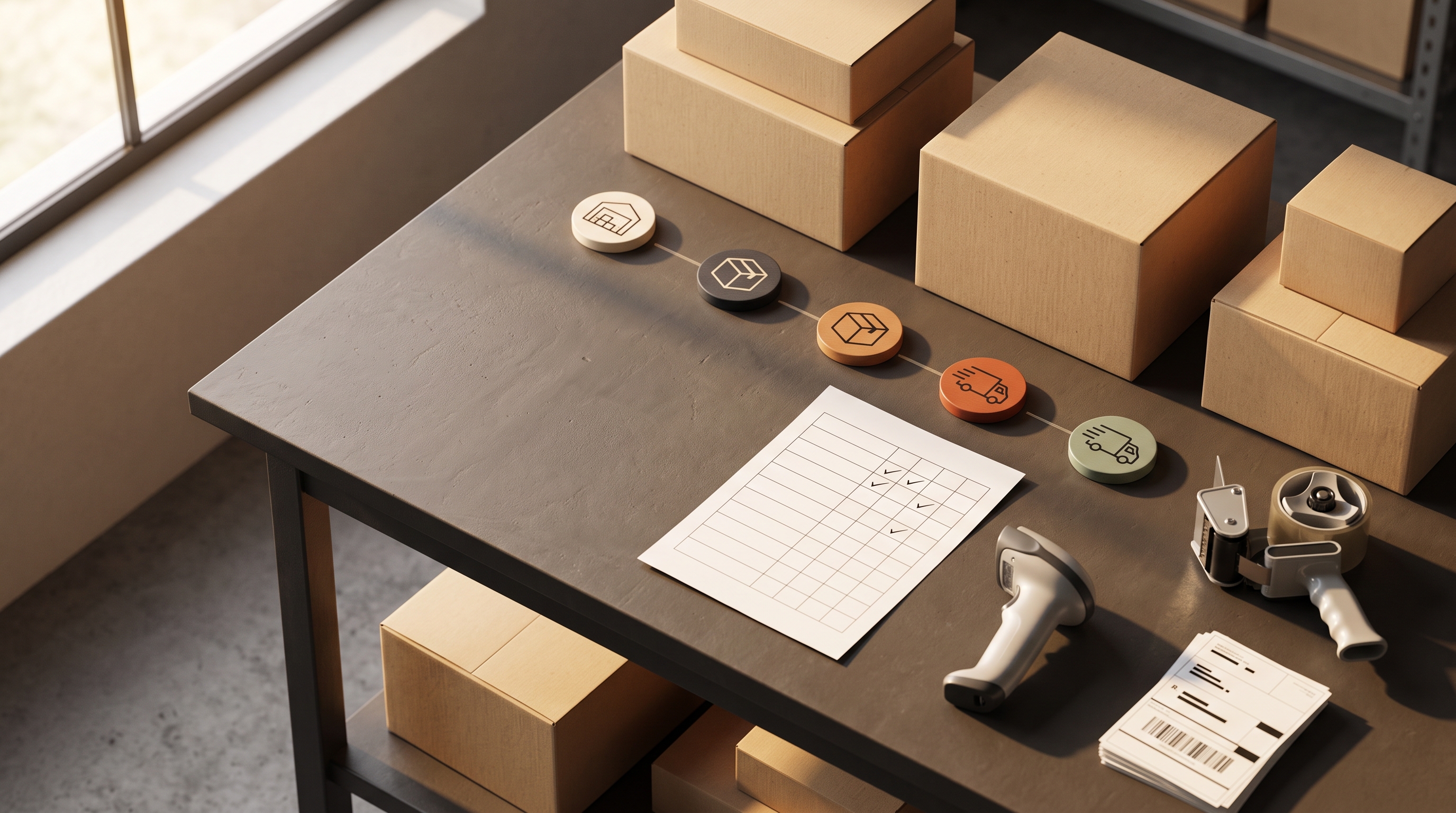 Kraft boxes, barcode scanners, shipping labels, and a blank fulfillment scorecard arranged on a warehouse worktable