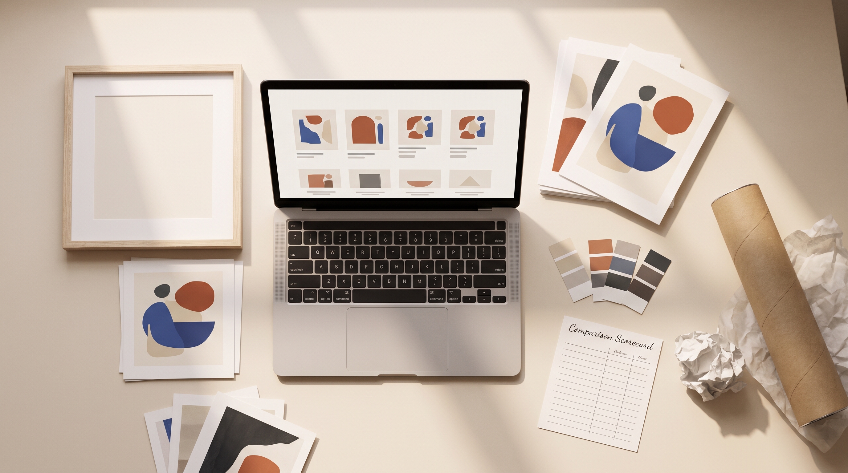 An artist's desk with an unbranded laptop showing an online gallery, abstract prints, color swatches, packaging, and a comparison card