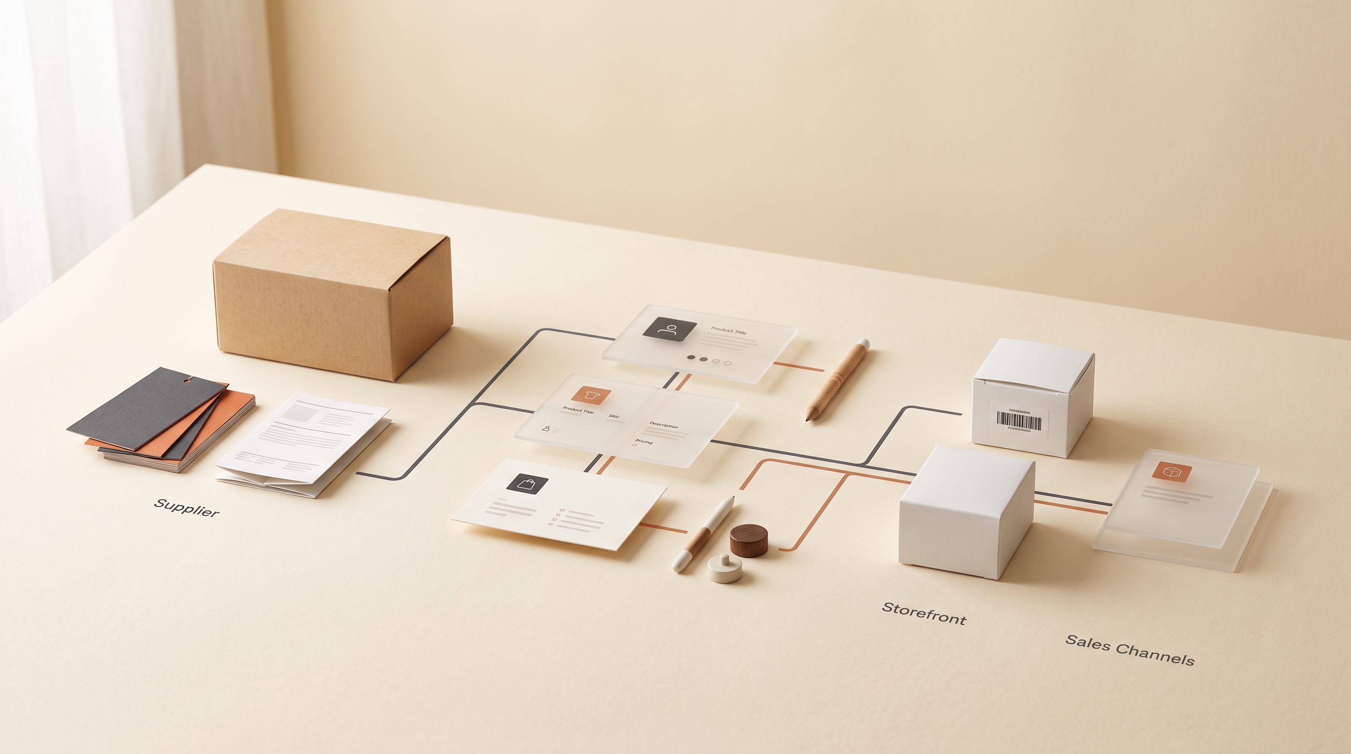Product boxes, barcode labels, color swatches, and data cards arranged as a connected workflow