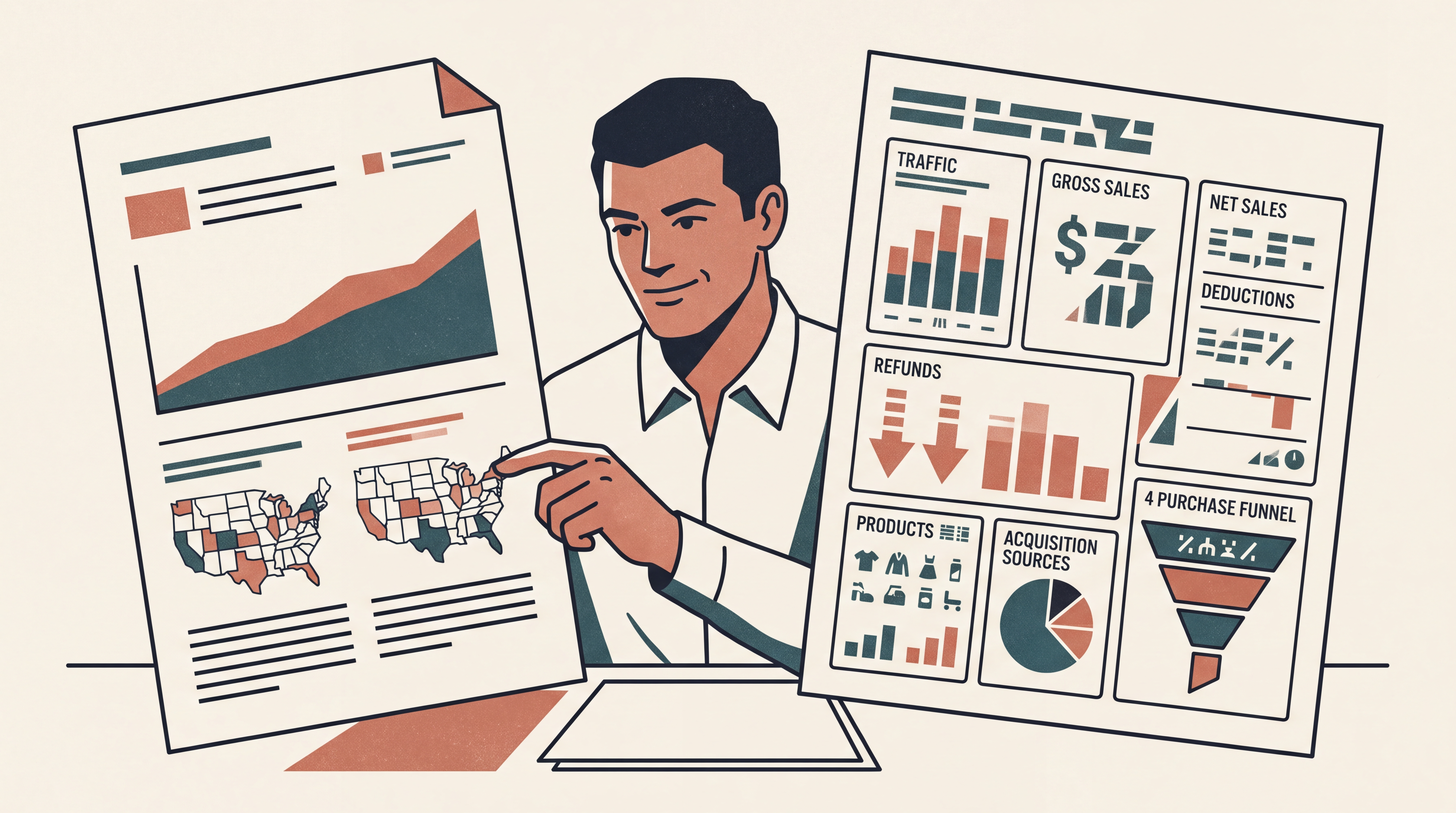 An ecommerce operator comparing a market report with store traffic, sales, refund, product, source, and funnel report cards