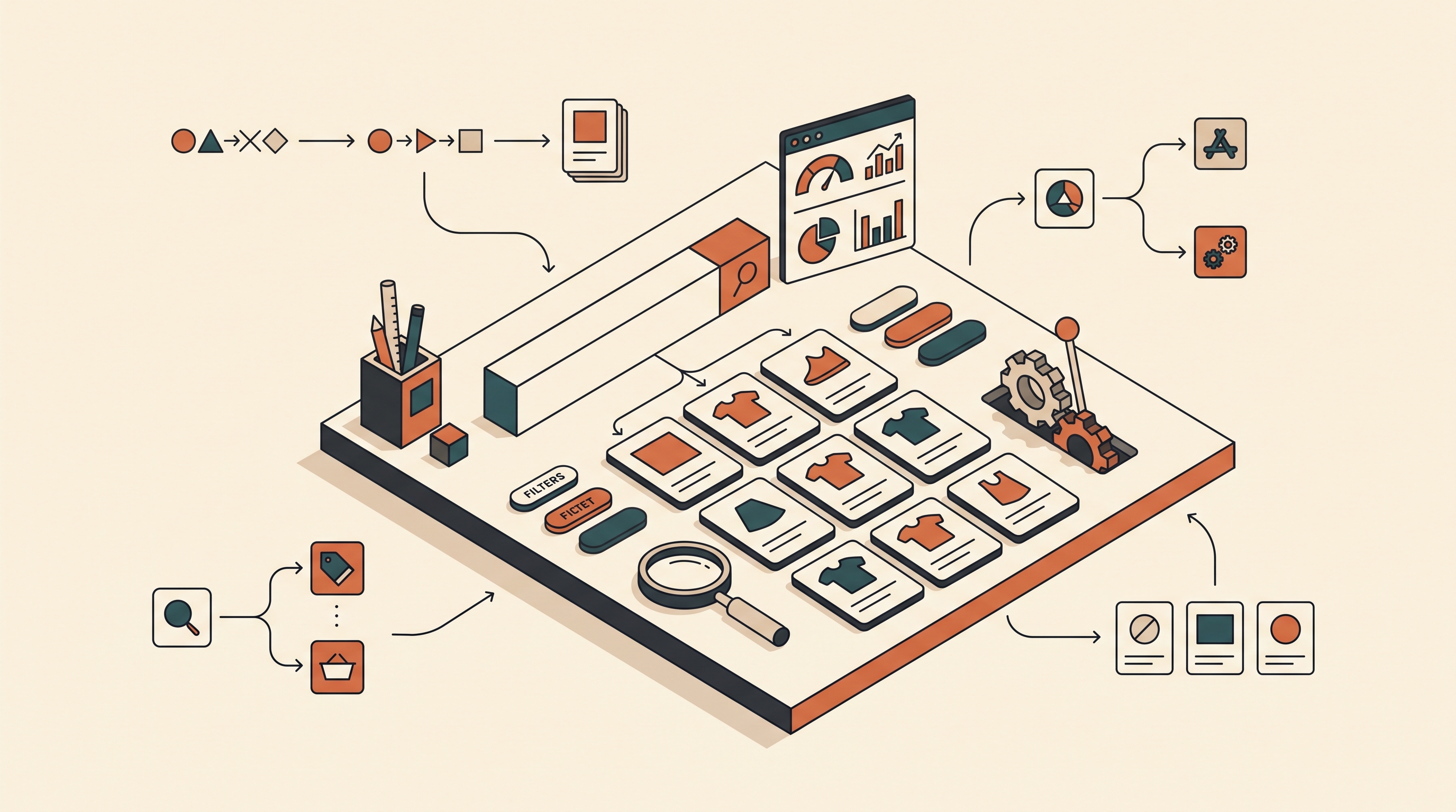A cream-and-terracotta editorial illustration of a storefront search workbench with product cards, filter controls, diagnostic paths, and a scorecard