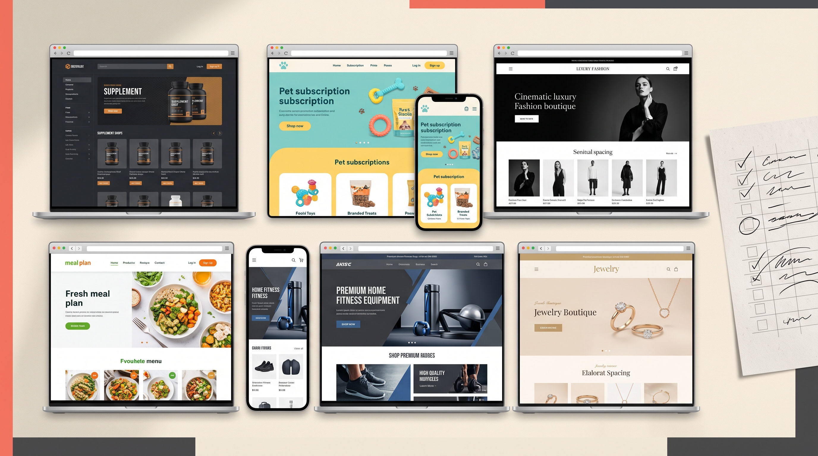 An editorial grid of six distinct ecommerce storefronts shown in desktop and mobile frames beside a paper evaluation checklist