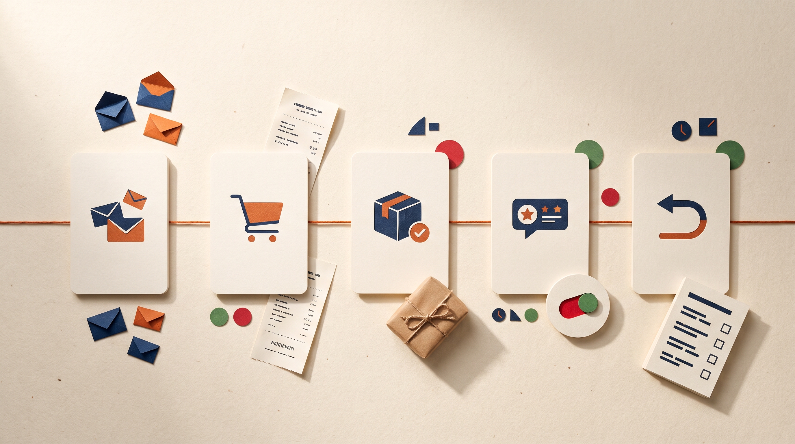 Five connected paper cards with envelope, cart, parcel, review, and return-arrow icons on an ecommerce operations desk