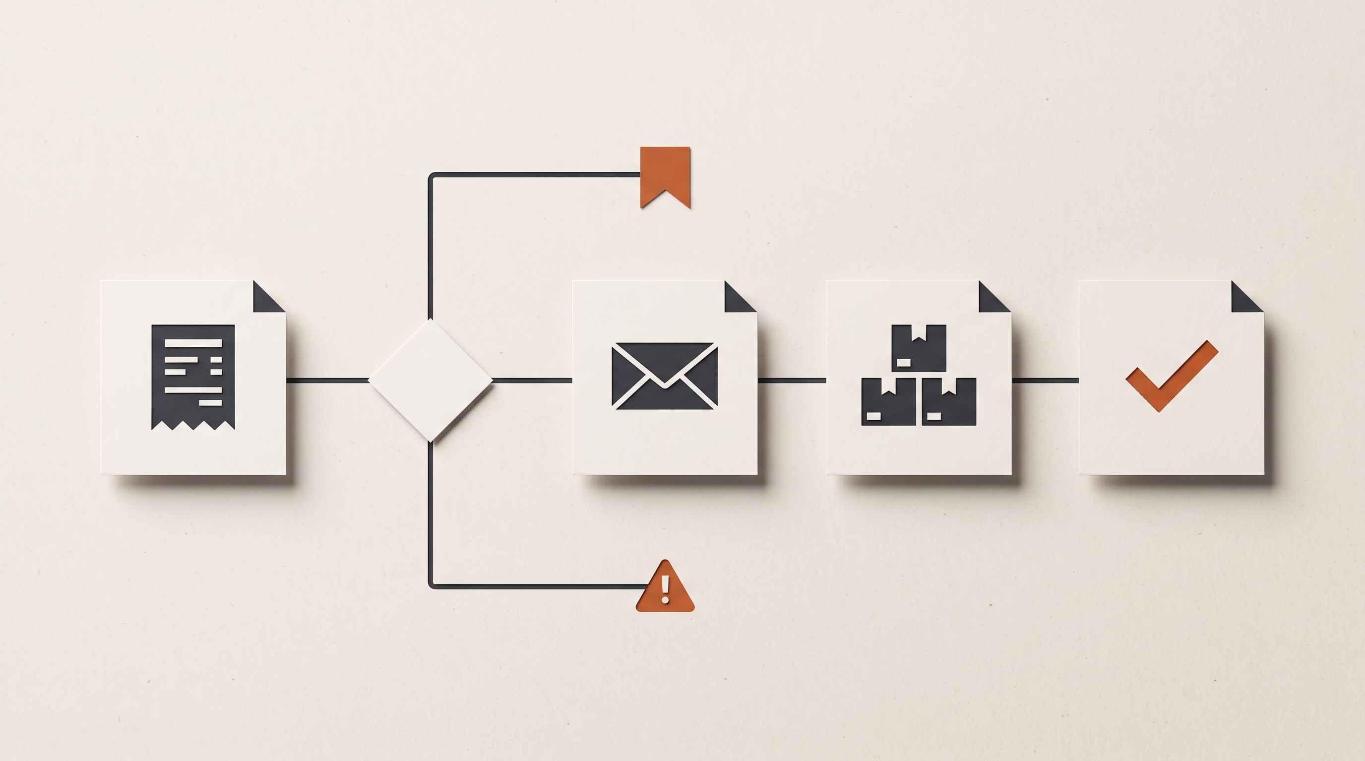 An ecommerce workflow test map connecting an order event, decision branch, email step, inventory action, and review checkpoint
