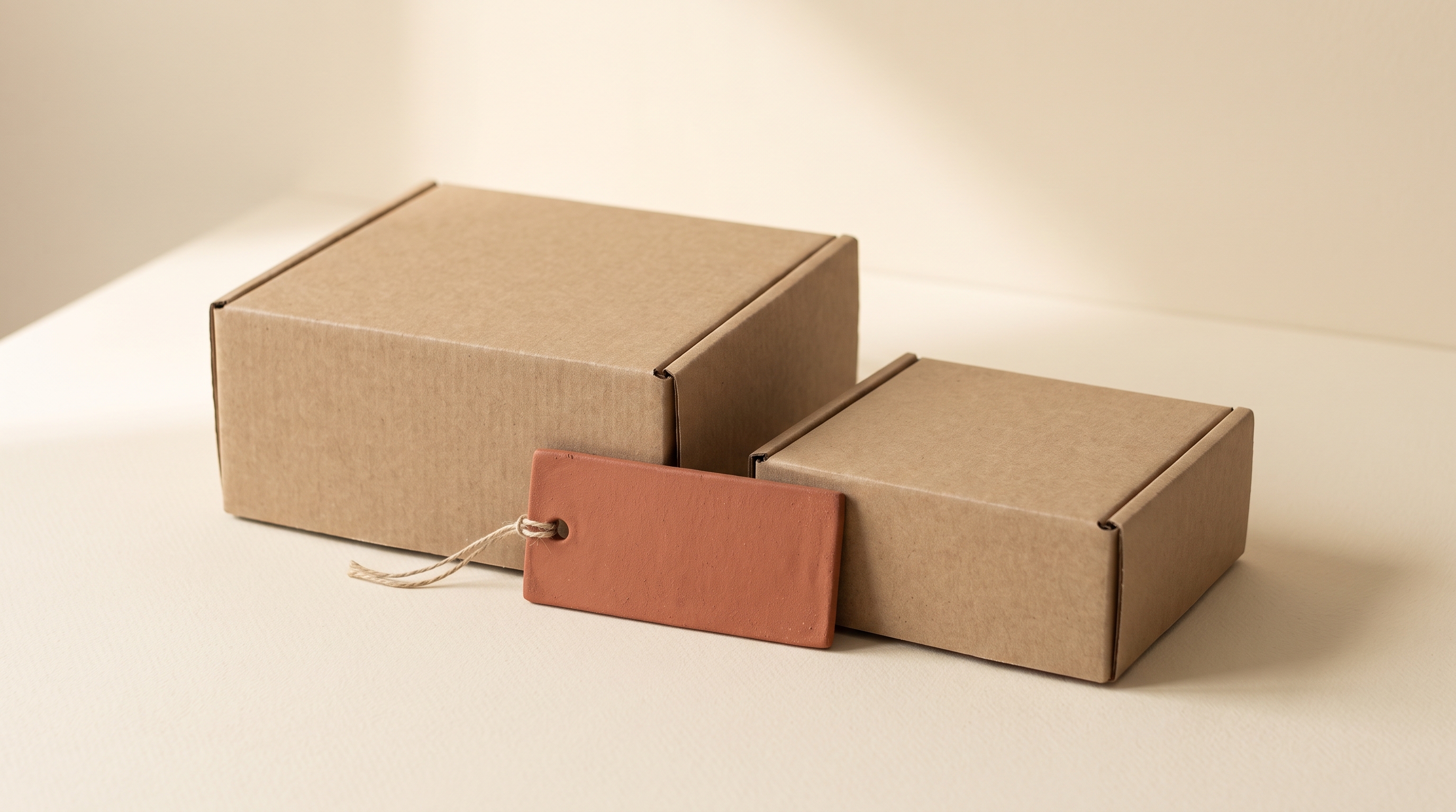 Two kraft parcels of different sizes sit beside a single blank terracotta price tag on a warm cream tabletop.